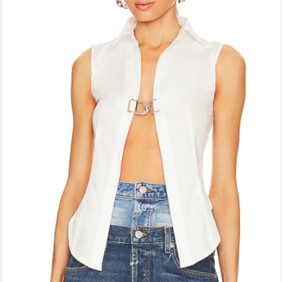 NWT EB Denim Silver Buckle Tie Top 100% Cotton Blouse in White - Picture 2 of 7